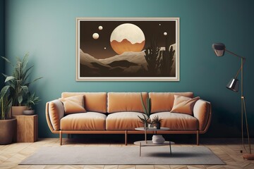 Inviting Ambiance: Poster Mockup Above an Orange Couch in a Living Room with Blue Wallpaper, Parquet Floor, Grey Rug, Standing Lamp, and Indoor Plants