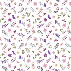 Seamless pattern of leaves, flowers and berries. Watercolor flowers, berries and plants