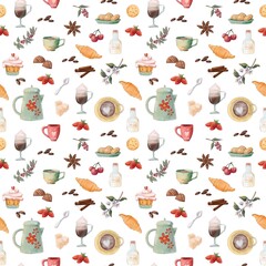 Seamless pattern of objects for coffee drinking. Watercolor set of objects, mugs, drinks, milk, coffee pot, pastries, croissant