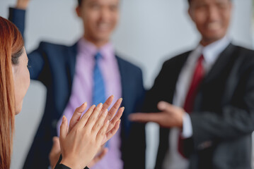 Boss manager team applauding clap for Employees congratulating promoted colleague, expressing gratitude, recognition, appreciation greeting for win job