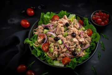 tuna salad with chunks of tuna, diced tomatoes and onions, and lettuce in a bowl