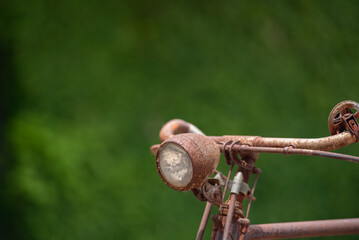 Old decay bicycle on green vine climbing garden wall outdoor. Rust Classic bike old bicycle on green garden wall retro style. Vine plant green leaves partition background.