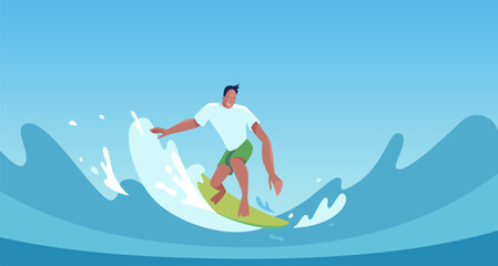 Vector illustration in flat style, summer horizontal banner with copy space for text, man surfing on the wave on the ocean