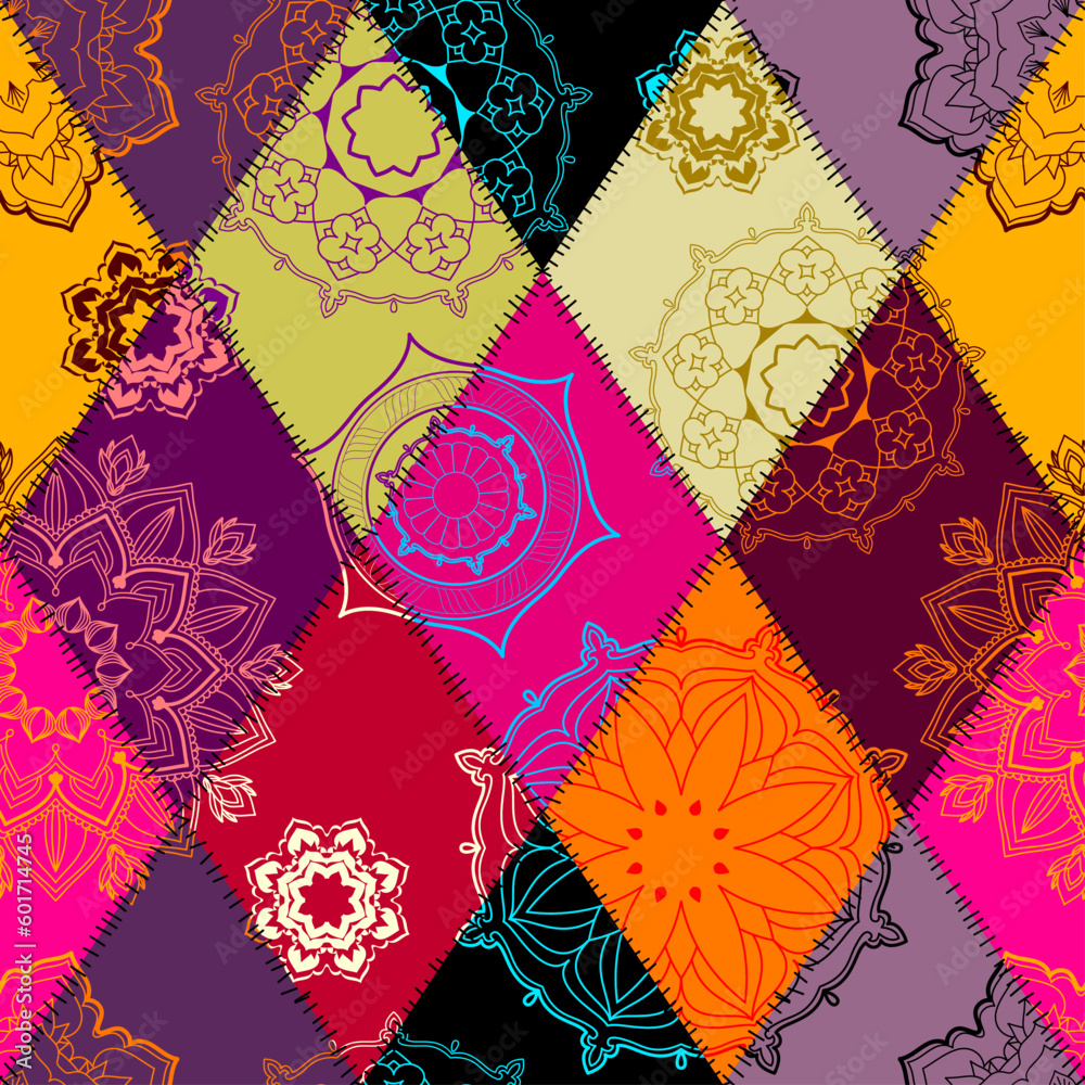 Poster textille patchwork pattern. seamless vector image. bright tribal patchwork.