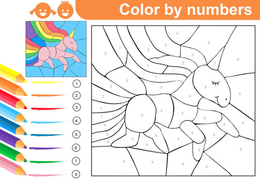 Color by Numbers. Unicorn. Coloring puzzle with numbers for kids. Running horse in coloring page. Worksheet at school or home. Sketch Vector illustration. Printable page