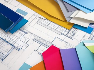 Naklejka na ściany i meble Transform Your Space with Interior Design: Color Samples, Materials, and Blueprint. Generative AI.