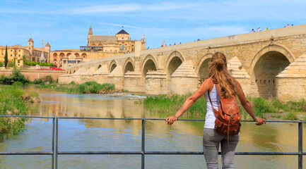 Woman tourist looking at Cordoba city landscape view- Andalusia,  Spain