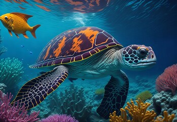 Fototapeta premium Coral reef underwater with vibrant fish and a turtle. Generative AI.