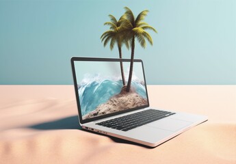 Obraz na płótnie Canvas tropical laptop concept vacation computer summer tree beach travel palm. Generative AI.
