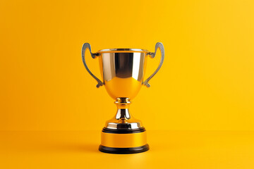 Winner or champion golden trophy cup on yellow background. Victory first place, winning a competition, championship trophy. Minimal win and success concept, copy space for text. AI generated
