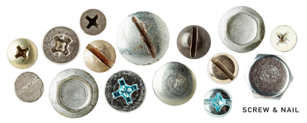 Screw heads set isolated. PNG with transparent background. Flat lay, top view. Design element. Without shadow.