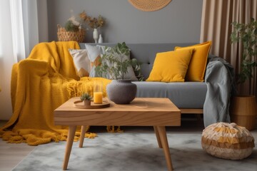 wall modern decor house interior grey cushion yellow sofa home pillow. Generative AI.