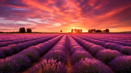 Lavender fields at sunset. Generative AI