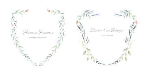 Flower and leaf frame and wreath decoration. Botanical certificated symbol, monogram graphic illustration.  