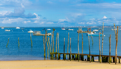 Arcachon bassin with fishing boat in atlantic ocean- France, Nouvelle aquitaine