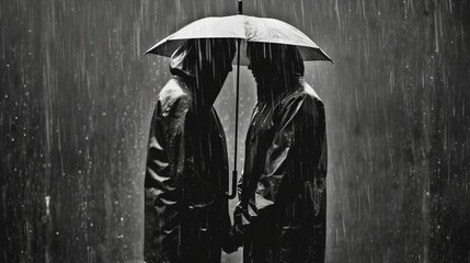 Lovers stand in raincoats under an umbrella and hold each other's hands Generative AI