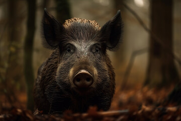 Fototapeta na wymiar Image of a wild boar in the forest on natural background. Wild Animals. illustration. Generative AI.