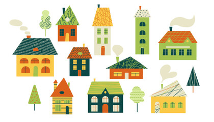 Obraz na płótnie Canvas Set of small houses and trees. Paper cut style. Hand drawn fashion illustration. Big color vector set. Flat design.