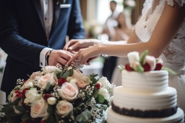 Obraz na płótnie Canvas Beautiful wedding cake, and bride and groom in the background