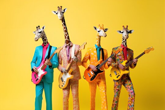 Group of funny giraffes in colorful clothes playing guitar and singing on yellow background. Generative AI. 