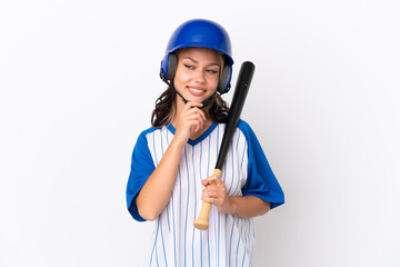 Baseball Russian girl player with helmet and bat isolated on white background looking to the side and smiling