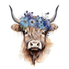 Watercolor portrait of a cow with a wreath of flowers Generative AI