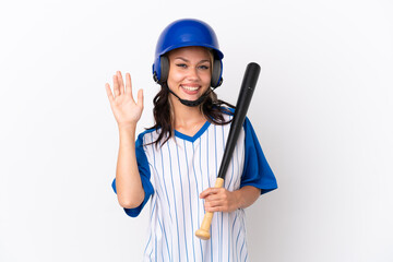 Baseball Russian girl player with helmet and bat isolated on white background saluting with hand...