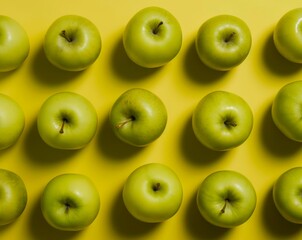 Ripe green apples on pastel yellow background. Horizontal background design with fresh fruits. Generative AI.
