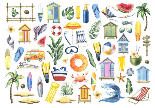 A large set of pictures with beach cabins, surfboards, summer vacation and vacation accessories. Watercolor illustration, hand drawn. Isolated objects on a white background.