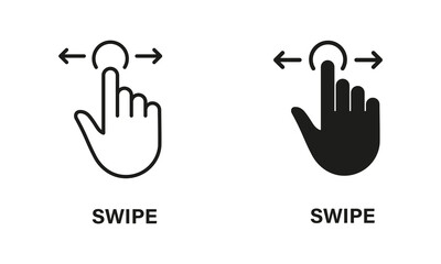 Swipe Gesture to Right and Left, Hand Cursor of Computer Mouse Line and Silhouette Black Icon Set. Pointer Finger Pictogram. Click, Press, Touch, Tap Symbol Collection. Isolated Vector Illustration