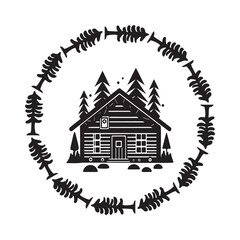 Wooden log cabin in scandi linocut style vector illustration. Alpine cottage in country holiday village cartoon.  - obrazy, fototapety, plakaty