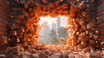 Background with a brick wall flying apart from the explosion. High quality illustration Generative AI