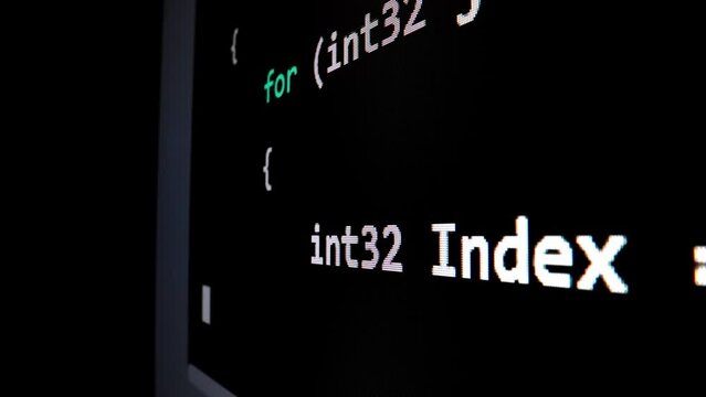 Closeup macro shot movement of coding script moving across LED screen with real-time AI-generated typing, showcasing advanced AI learning in optimization, debug and coding for software development.