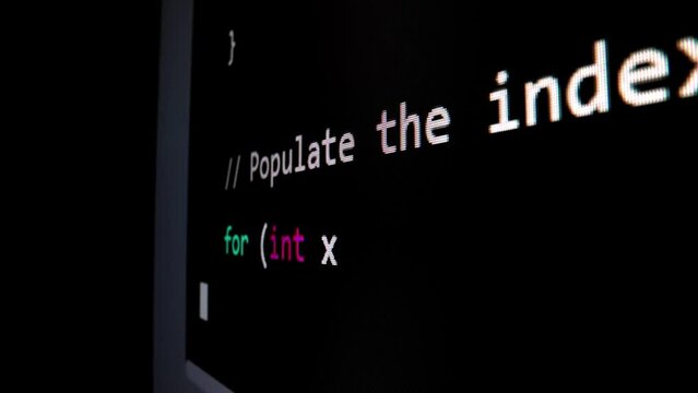 Closeup macro shot movement of coding script moving across LED screen with real-time AI-generated typing, showcasing advanced AI learning in optimization, debug and coding for software development.