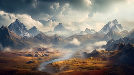 An epic fantasy illustration with an extensive view of the mountains and high-altitude plains in the spirit of classic fantasy Generative AI