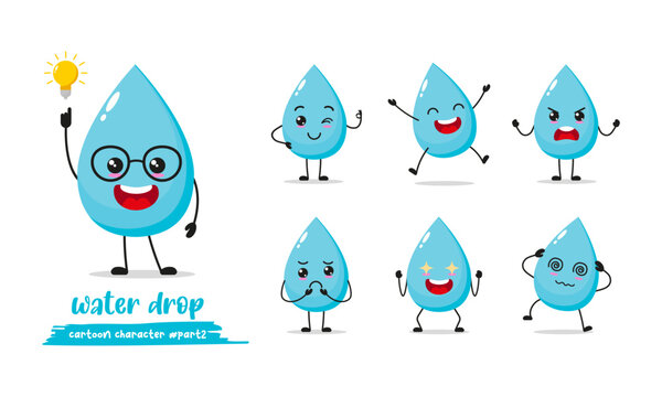funny water drop cartoon with many expressions. different aqua activity vector illustration flat design.