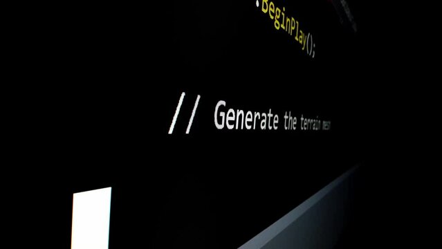 Closeup macro shot movement of coding script moving across LED screen with real-time AI-generated typing, showcasing advanced AI learning in optimization, debug and coding for software development.