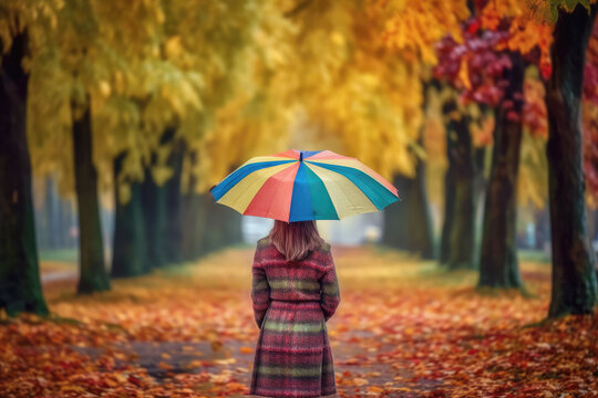 Woman with colorful umbrella walking trough autumn forest, back view