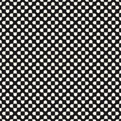 Simple monochrome vector texture, floral geometric seamless pattern. White flower figures on black background, small circles, lines, regular grid. Dark abstract design for print, textile, decor, wrap