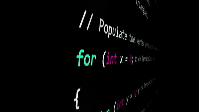 Closeup macro shot movement of coding script moving across LED screen with real-time AI-generated typing, showcasing advanced AI learning in optimization, debug and coding for software development.