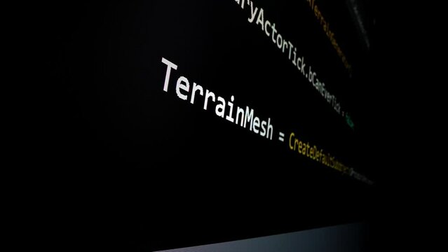 Closeup macro shot movement of coding script moving across LED screen with real-time AI-generated typing, showcasing advanced AI learning in optimization, debug and coding for software development.