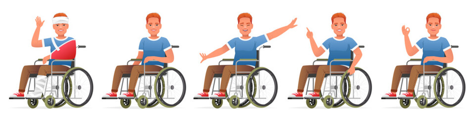 Set of happy disabled person in a wheelchair. Man with a bandaged head, in a cast, sits in a wheelchair, waves his hand, points to something, shows an OK gesture, flies.