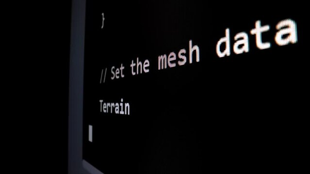 Closeup macro shot movement of coding script moving across LED screen with real-time AI-generated typing, showcasing advanced AI learning in optimization, debug and coding for software development.
