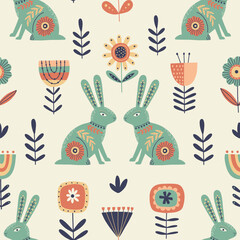 Vector seamless pattern with flowers, rabbits in folklore style. Easter background. Doodle illustrations with stylized decorative floral elements. Good for posters, t shirts, postcards.
