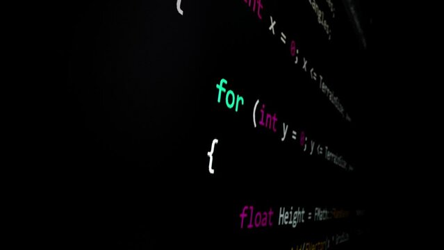 Closeup macro shot movement of coding script moving across LED screen with real-time AI-generated typing, showcasing advanced AI learning in optimization, debug and coding for software development.