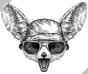Vintage engraving isolated fennec set glasses dressed fashion illustration ink costume sketch. Fox background fenech animal silhouette sunglasses hipster hat art. Hand drawn vector image
