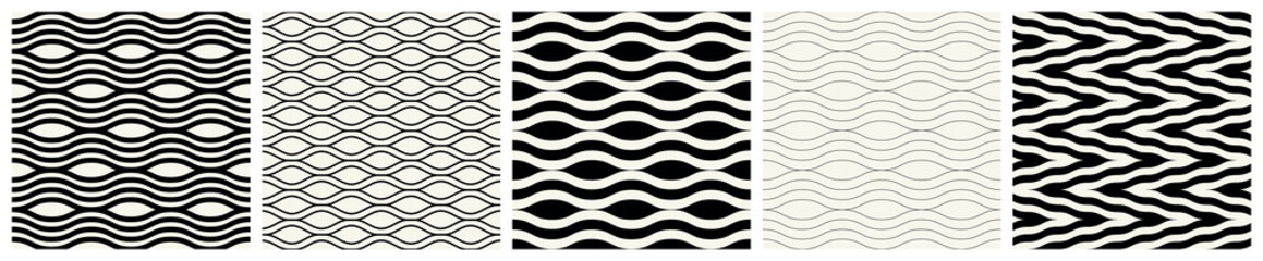 Vector seamless patterns set. Stylish linear ornaments. Geometric backgrounds with arches. Art deco thin and bold monochrome swatches. Tileable prints with linear pointed arches and grids.