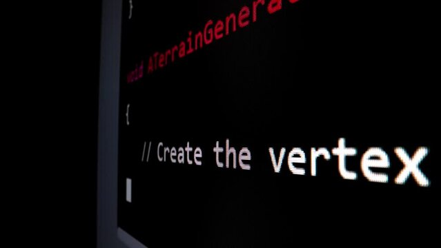 Closeup macro shot movement of coding script moving across LED screen with real-time AI-generated typing, showcasing advanced AI learning in optimization, debug and coding for software development.