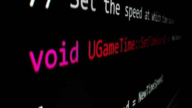 Closeup macro shot movement of coding script moving across LED screen with real-time AI-generated typing, showcasing advanced AI learning in optimization, debug and coding for software development.