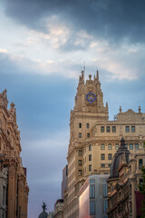 Telefonica Building Tower at Gran Via Street - Madrid, Spain